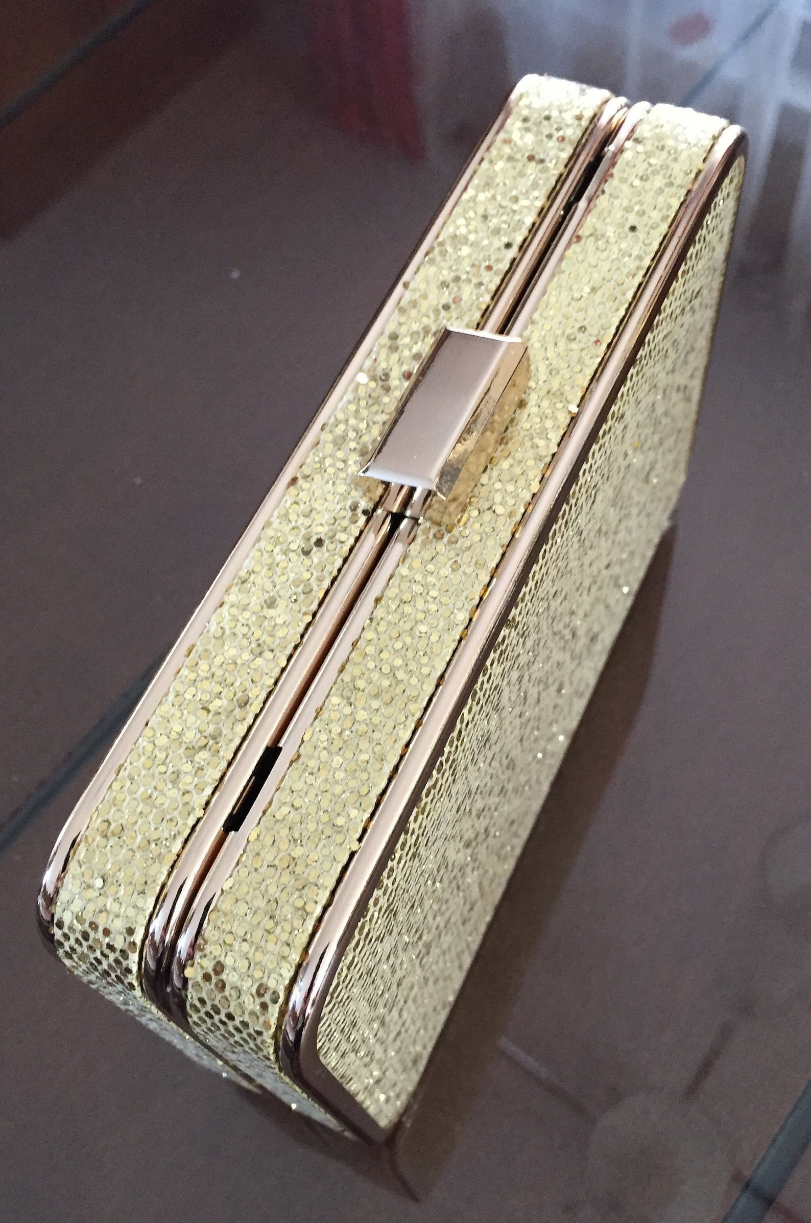 80s Hard Sided Purse Golden Glitter/goldtone Evening Clutch Etsy Canada