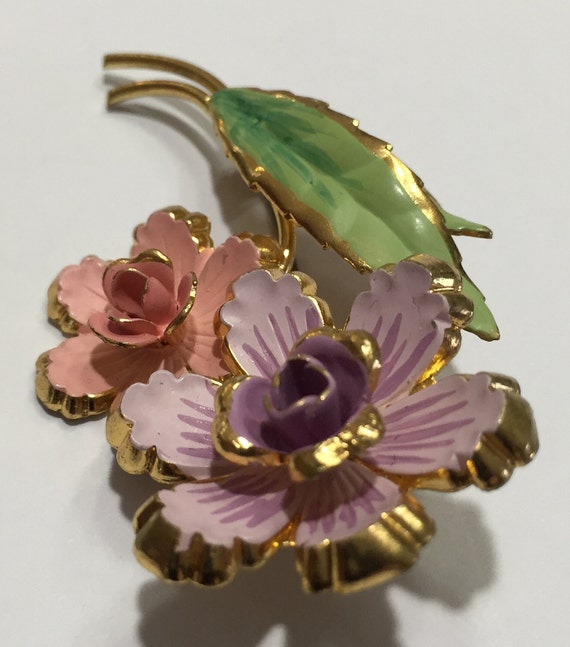 50s Pink/Lilac Flowers Enamel/Gold Plated Brooch … - image 2