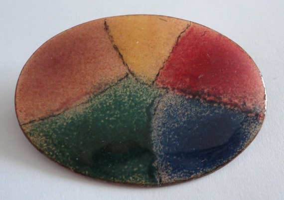 60s Primary Colors Oval Enamel on Copper Brooch A… - image 1