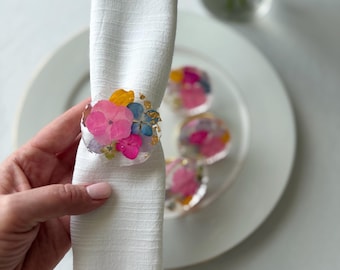 Custom Handmade Napkin Rings – Bright Pink Hydrangea Flowers with Yellow Petals – Wedding / Event Table Decor – Made to Order