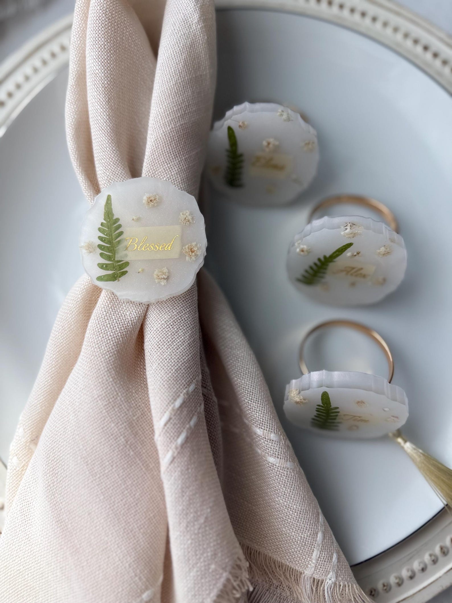 Personalized Napkin Rings: Real Botanicals, Gold Foil Names, Christmas ...