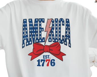 USA Lightning Bow T-Shirt, Red White Blue Patriotic Top