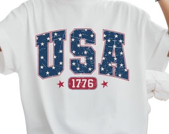 USA 1776 Patriotic Stars Graphic Tee, Red White Blue Outfit