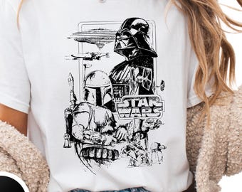 Boba Fett & Darth Vader T-Shirt: Retro Star Wars Line Art