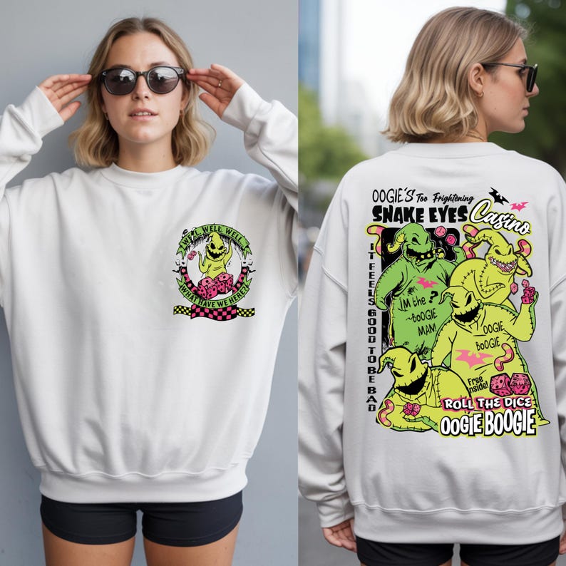 May include: White sweatshirt featuring a graphic of Oogie Boogie from The Nightmare Before Christmas. The front has a circular design with text and the character. The back has a larger design with Oogie Boogie and text.