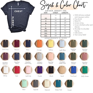 May include: A navy blue unisex jersey tee shirt with a size and color chart. The chart lists sizes XS to 4XL with chest and length measurements in inches. A wide range of colors are displayed, including dark gray, maroon, and navy.