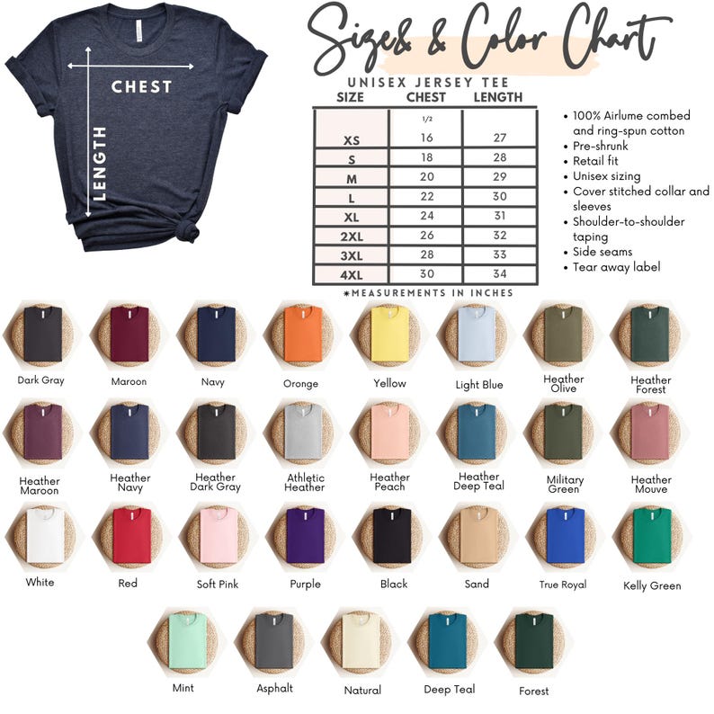 May include: A navy blue unisex jersey tee shirt with a size and color chart. The chart lists sizes XS to 4XL with chest and length measurements in inches. A wide range of colors are displayed, including dark gray, maroon, and navy.