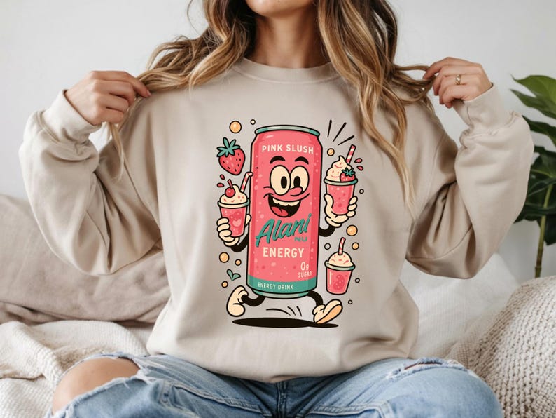 May include: A light beige sweatshirt featuring a cartoon design of a pink energy drink can labeled "Pink Slush" and "Alani Energy". The design includes cartoon strawberry drinks and strawberries.