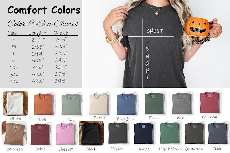 K&ouml;nnte beinhalten: Eine Gr&ouml;&szlig;entabelle f&uuml;r T-Shirts mit Ma&szlig;en in Zoll. Die Tabelle zeigt die L&auml;ngen- und Brustma&szlig;e f&uuml;r die Gr&ouml;&szlig;en S bis 4XL. Die Tabelle wird von einer Farbtabelle mit 15 verschiedenen T-Shirt-Farben begleitet.