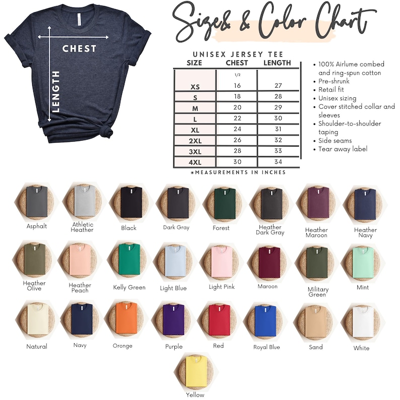 May include: A navy blue unisex jersey tee with a size and color chart. The chart lists chest and length measurements in inches for sizes XS to 4XL. Color options include asphalt, black, forest, and more.