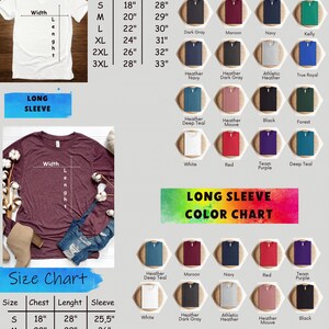 May include: A product image featuring a white unisex V-neck t-shirt and a maroon long-sleeve shirt. The image includes size and color charts for both shirt styles. The size chart provides measurements in inches for chest, length, and sleeve.