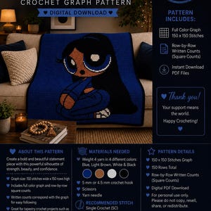 May include: A digital crochet graph pattern titled Blue Aura featuring a 150 x 150 stitch count. The image displays a blue blanket with a cartoon character graphic, alongside text detailing materials, pattern specifications, and instructions.