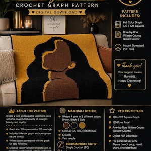 Könnte beinhalten: Eine digitale Häkelanleitung mit dem Titel Crowned in Gold und einem 120 x 120 Quadrat-Design. Das Muster zeigt die Silhouette einer Person mit langem Haar in Braun, Schwarz und Gold. Enthält reihenweise Zählungen und PDF-Dateien.