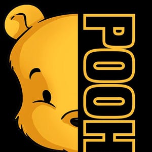 May include: A graphic design featuring the face of a yellow cartoon bear with the word "POOH" in yellow block letters on a black background. The bear is smiling with its eyes closed.