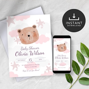 Könnte beinhalten: Babyparty-Einladung mit einer Aquarell-Bärenillustration, rosa Wolken und Sternen. Die Einladung enthält den Text "Baby Shower Olivia Wilson" und Veranstaltungsdetails. Ein Smartphone zeigt das gleiche Design. Ein Sofort-Download-Symbol ist ebenfalls vorhanden.