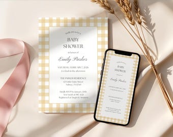 Gelbe Gingham Mädchen Babypartyeinladung Vorlage (Digitaler Download), G101