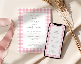 Rosa Gingham-Babypartyeinladung, bearbeitbare Vorlage (digitaler Download), G101