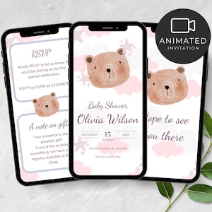 Könnte beinhalten: Drei Smartphones, die eine Babyparty-Einladung anzeigen. Die Einladung zeigt eine Illustration eines Teddybären, rosa Wolken und Sterne. Der Text enthält den Namen "Olivia Wilson" und die Veranstaltungsdetails.