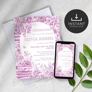 Puede incluir: Una invitación con temática floral, con rosas moradas y el texto "CAPÍTULO CUATRO" y "OLIVIA HARRIS". Un teléfono inteligente muestra el mismo diseño. También hay un círculo negro con un icono de descarga. Invitación de cumpleaños.