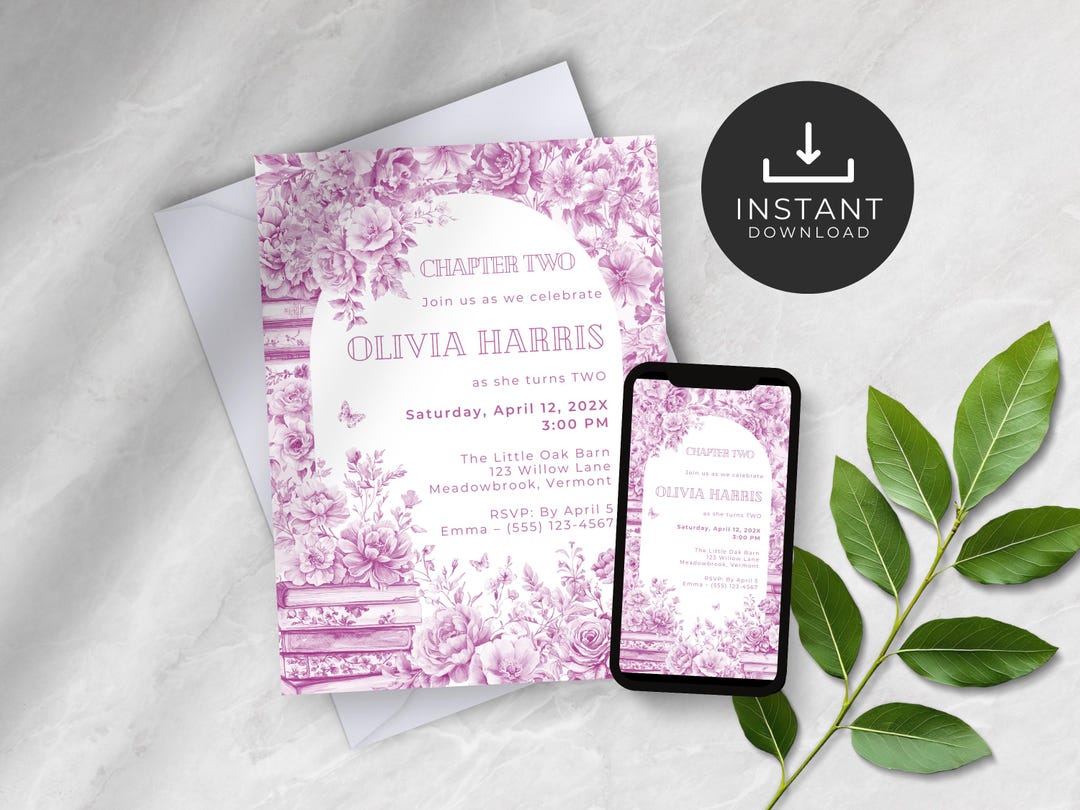 Pink Floral Second Birthday Invitation Template, Editable Chapter Two ...