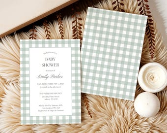 Invitación para baby shower con estampado de cuadros verdes, plantilla editable (descarga digital), G101