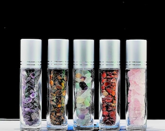 10ML Crystal Gemstone Roller Bottles,Refillable Roll On Bottles with Bamboo Lids Healing Crystal Chips Inside for Perfumes Aromatherapy Oils