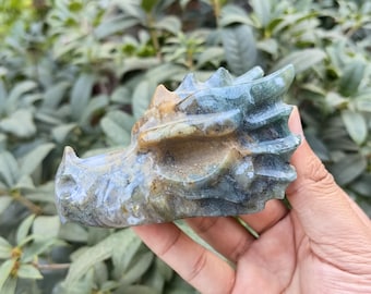 Moss Agate Crystals Dragon Head Skull Statue Hand Carved Figures Gemstone Animal Carvings Collectibles Sculpture,Reiki Healing Stones Decor