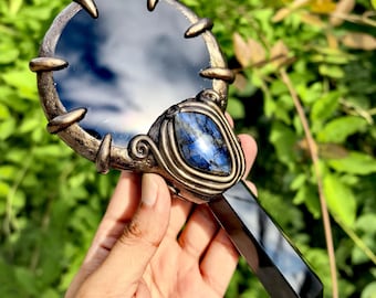 Obsidian Mirror Crystal with Labradorite, Wiccan Witch Altar Tool, Natural Healing Crystal Wand for Divination Spiritual Home Decor