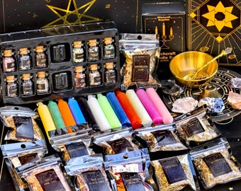 Kit de suministros de brujería, juego completo para altar wiccano, velas para hechizos, hierbas secas, virutas de cristal, sal de bruja, herramientas rituales para brujas principiantes.