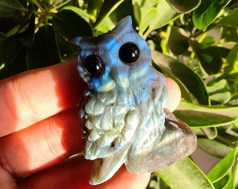 2" Labradorite Crystal Owl Statue Home Decor Carved Gemstone Owl Paperweight Animal Carvings Figurines,Reiki Healing Stones Office Decor