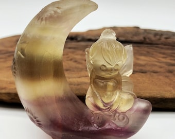 Crystal Figurine Healing Crystal Stone Small fluorite Moon Fairy Statue Hand Carved Ornament Reiki Energy Meditation Home Decor