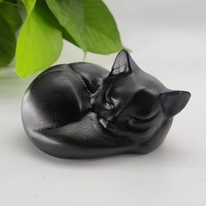 Sleeping Cat Statue Hand-Carved Healing Stone Gemstone Little Kitten Statue Figurine 2" - Black Obsidian
