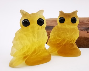 2" Yellow fluorite Crystal Owl Statue Home Decor Carved Gemstone Owl Paperweight Animal Carvings Figurines,Reiki Healing Stones,Office Decor
