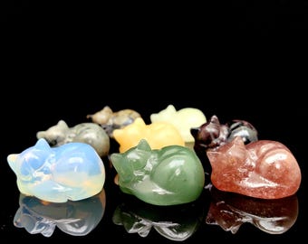 Sleeping Cat Crystal Figurine, Carving Healing Stone Statue, Lucky Desk Decor, Zen Gift for Cat Lovers, Gemstone Home Office Ornament