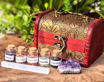 15Pcs Chakra Healing Crystals Set Natural Gemstone Bottles for Reiki, Wiccan Spellwork Energy Balancing, Handmade Amethyst Cluster Gift Box