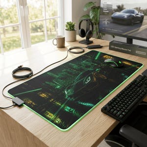 May include: A rectangular LED gaming mouse pad featuring a dark, green-toned graphic of a sports car in a city setting. The mouse pad has a glowing green light border, a black power cable with a control module, and a black computer mouse on top.