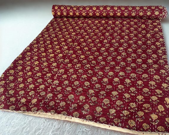 Hand Block Print Cotton Fabric: Golden Floral Indian Textile