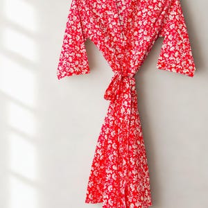 Red Floral Cotton Kimono Robe: Lightweight Boho Loungewear