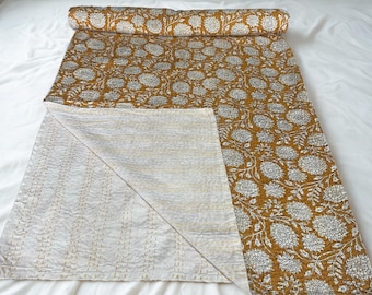 Edredón Kantha estampado a mano: Colcha de algodón color mostaza con estampado floral (Tamaño individual, matrimonial y king size)