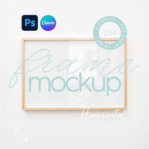 Horizontal wooden frame mockup, Landscape frame template, Basic frame mock up, Simple frame mockup, Wall frame mock-up with glass reflection