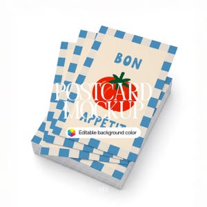 May include: A stack of rectangular postcards featuring a cream-colored background with a blue and white checkered border. The design includes a red tomato illustration with green leaves and the blue text BON APPÉTIT printed on the front.