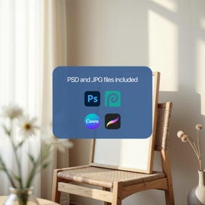 May include: A blue rectangle with the text "PSD and JPG files included" and icons for Photoshop, Canva, and Procreate.