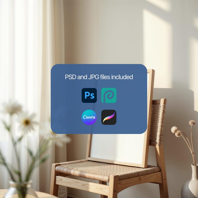 May include: A blue rectangle with the text "PSD and JPG files included" and icons for Photoshop, Canva, and Procreate.