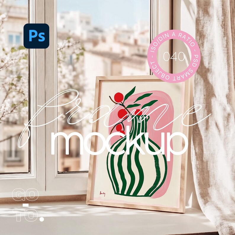 May include: A framed illustration of a green and white striped vase with red berries and green leaves on a pink background. The frame is light brown wood.