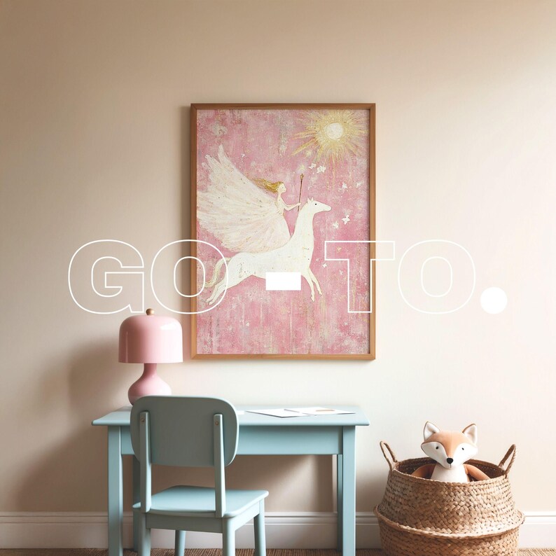 May include: A framed illustration of a girl riding a white horse with wings against a pink background. The illustration is in a wooden frame and is hanging on a light pink wall. The image also includes a light blue desk with a pink lamp and a wicker basket with a stuffed fox.