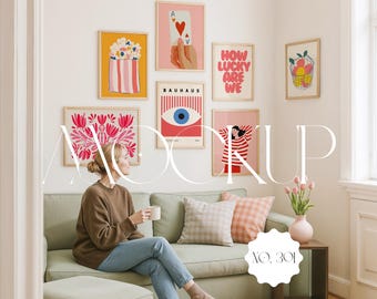 Gallery Wall Mockup With Person, Frame Gallery Mockup Template For Artwork Display, Frame Gallery Wall Mockup, 7 Frames Mockup Gallery Wall