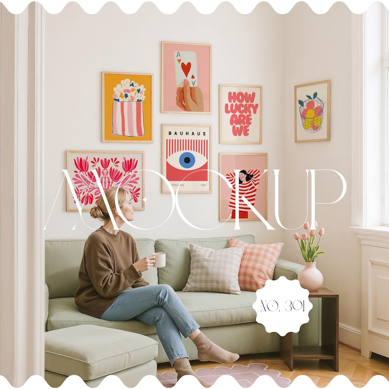 Gallery Wall Mockup With Person, Frame Gallery Mockup Template For Artwork Display, Frame Gallery Wall Mockup, 7 Frames Mockup Gallery Wall image 1