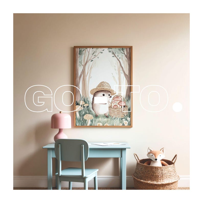 May include: A watercolor illustration of a hedgehog wearing a straw hat and carrying a basket of mushrooms. The illustration is framed and hanging on a wall above a light blue desk with a pink lamp and a wicker basket.