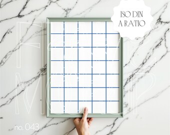 May include: A light green picture frame with a white background and a blue grid pattern. The frame is labeled "ISO DIN A RATIO" and "no. 043".