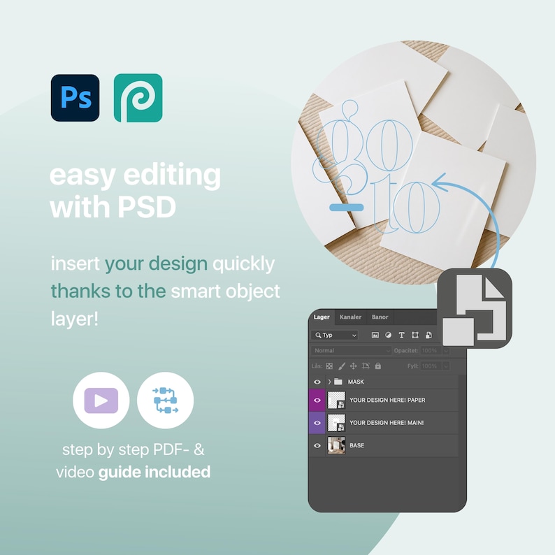 May include: An image showcasing a Photoshop interface with the text "easy editing with PSD". It highlights the smart object layer for design insertion and includes a video guide. White cards with blue line drawings are in the background.